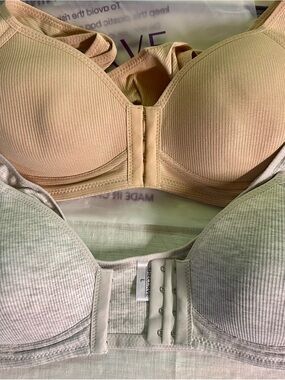 SHELOVE Front‑Closure Ribbed Comfort Bra - Nude & Light Gray